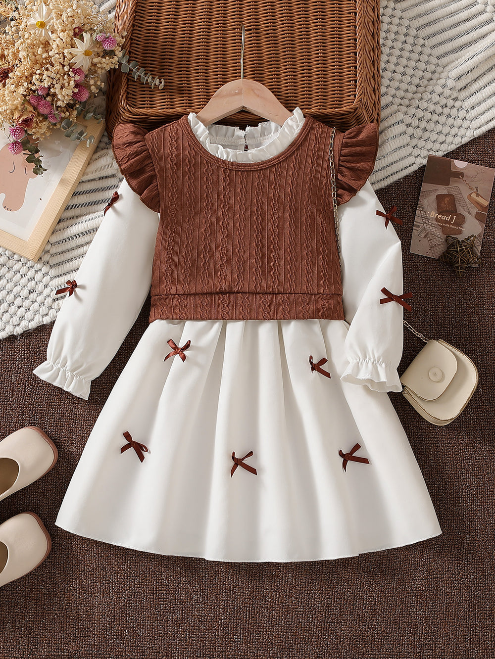 girls' autumn new arrival: collared long-sleeve ruffle princess dress shirt dress knitted vest two-piece set