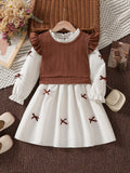 girls' autumn new arrival: collared long-sleeve ruffle princess dress shirt dress knitted vest two-piece set