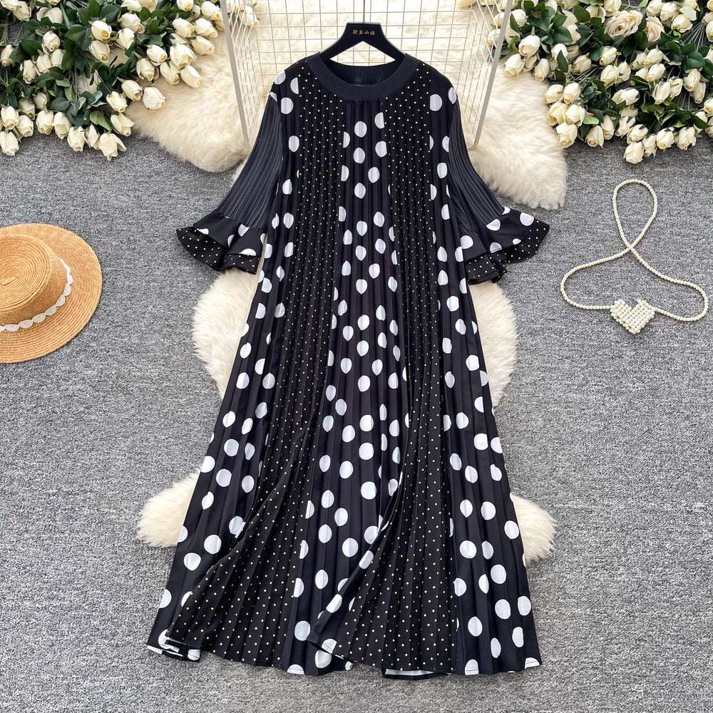 K-style polka dot pleated short-sleeved dress women's summerruffle sleeve round neck pleated skirtslimming lookelegantwork clothing skirt