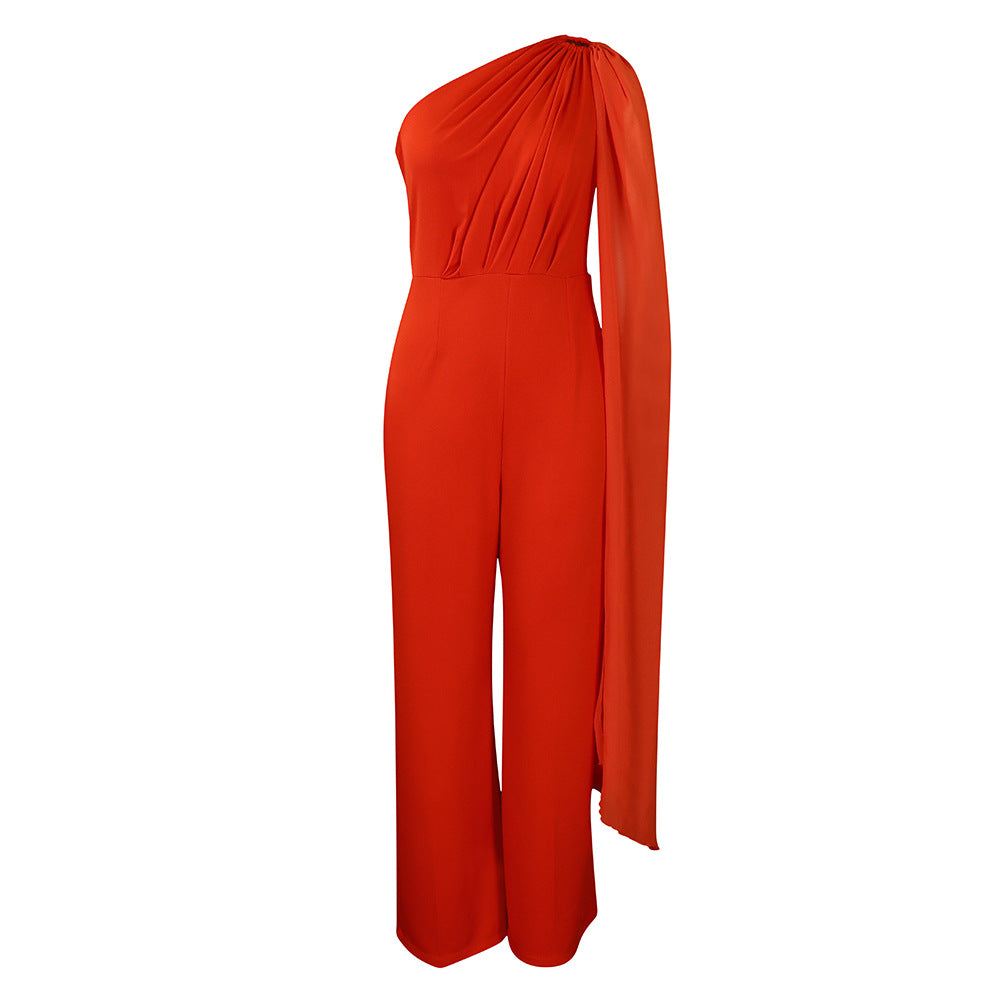 C8560 cross-border women's clothing independent station foreign trade pure colorolsexy one-shoulder banquet fashion dress african jumpsuit