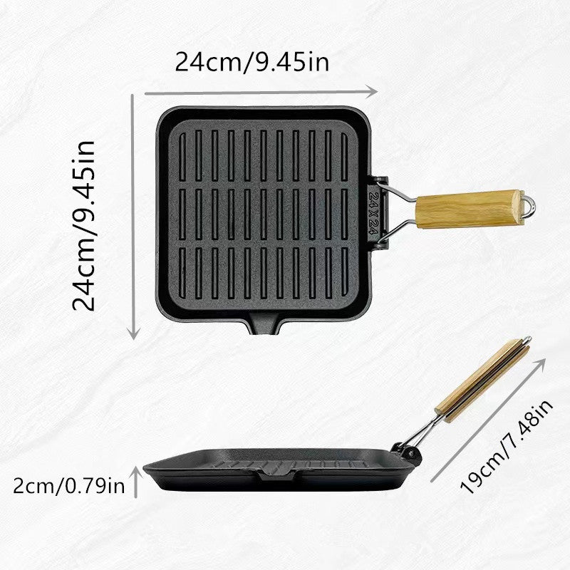 Cast iron pan Cast iron striped steak frying pan Wooden handle folding frying pan Factory direct cast iron striped frying pan