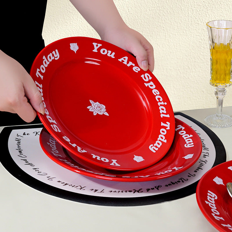 Rose red ceramic plate - new arrival: high-style dessert plate, steak plate, plating plate, home tableware, holiday gift box set