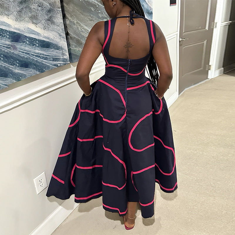 European and american cross-border women's fashion:  spring/summer new arrival - elegant v-neck, backless, color block, high-waisted, long slip dress