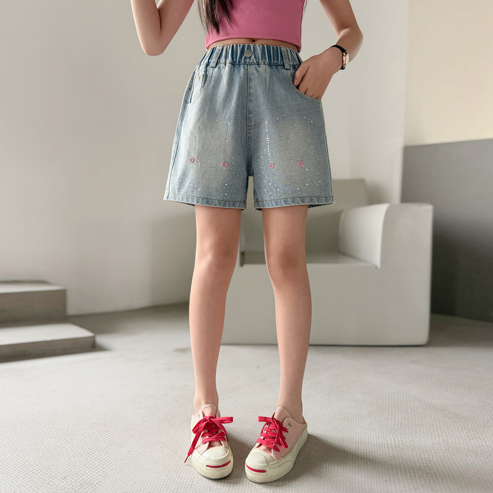 Girls' denim shorts - summer lightweight kids' pants,  new stylish design, cute rhinestone hot pants for older girls, perfect for outdoor wear