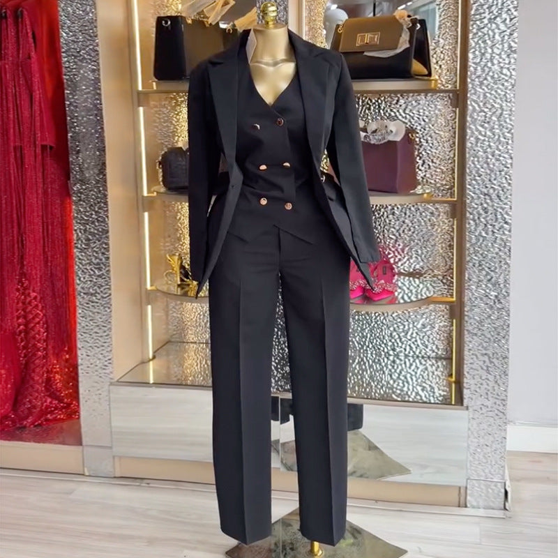 European and american cross-border women's fashion  spring new arrival: elegant commute solid color blazer, vest, and pants three-piece set
