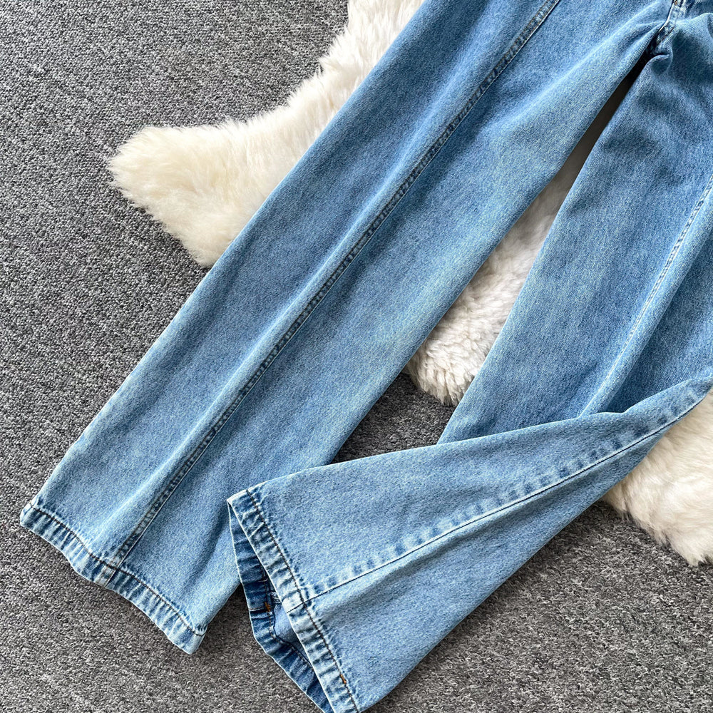 Retro denim style suspender casualelegant jumpsuit women's summer high waist waist silmslimming look wide leg pants