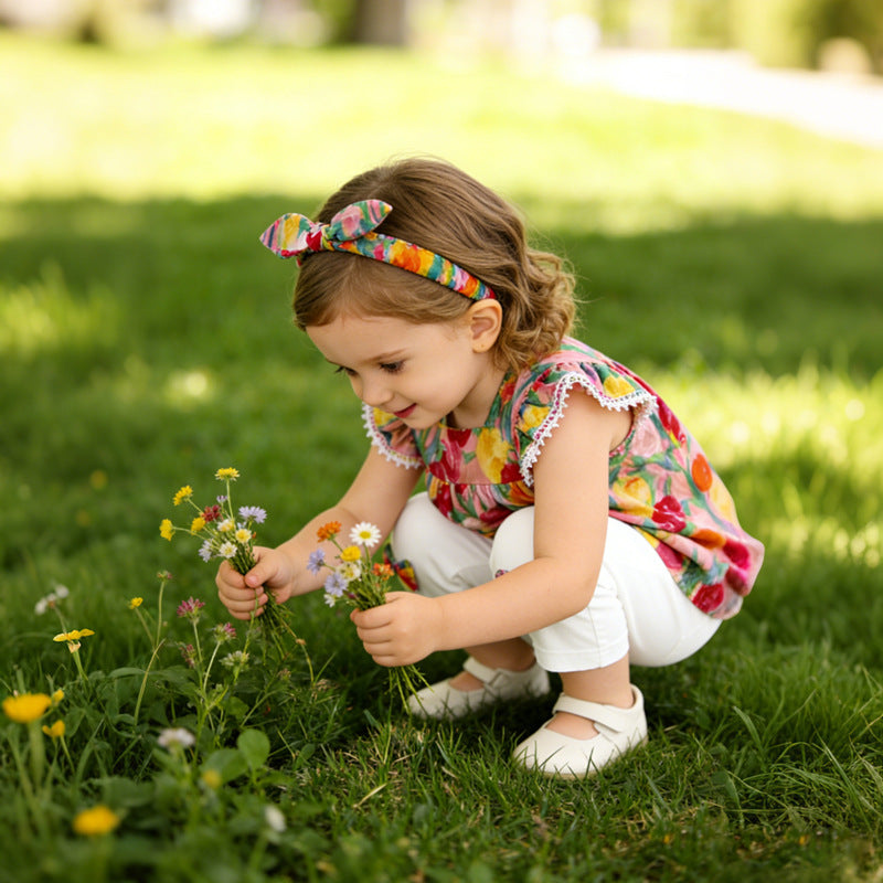 Girls' summer outfit set  new style: trendy kids' short-sleeve, shorts, and flutter-sleeve three-piece set - baby clothes, toddler clothing