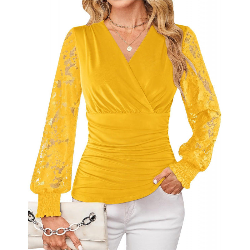Amazon casualelegancelace pleated shirt women's  spring new arrivalelegantfashionlong sleevestops