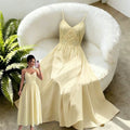 fashion  summer new arrival yellow lace patchwork camisole maxi dress - cinched waist, v-neck, vacation style