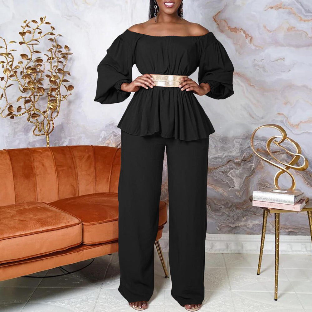 C8535p with belt cross-border women's clothing  one-piece collar long-sleeved top loose wide-leg pants european and american suit