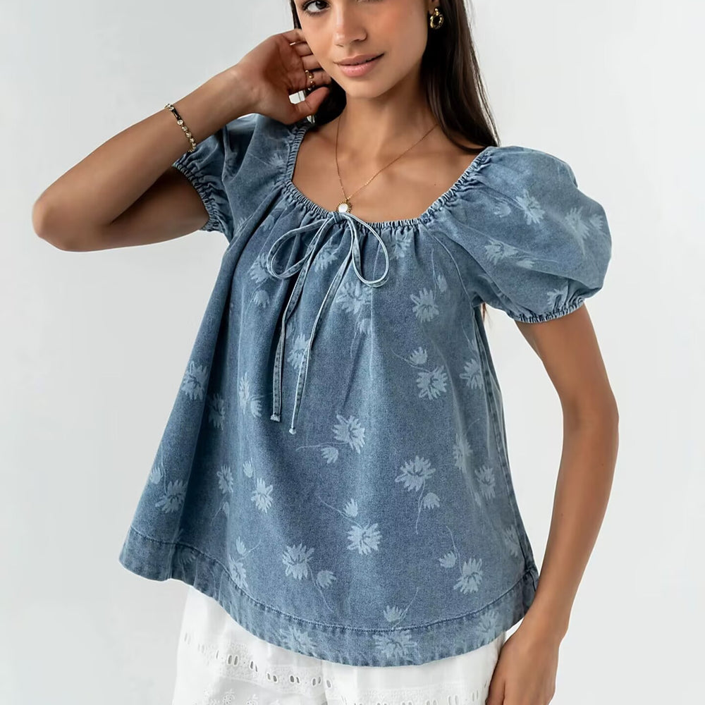 european and american new arrival cross-border  short printed tie-waist washed bubble sleeve women's denim top