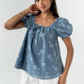european and american new arrival cross-border  short printed tie-waist washed bubble sleeve women's denim top