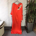 Clearance artificial silk satin solid color batwing sleeve dress with bow cuffs and 3d floral appliqué detail - maxi length