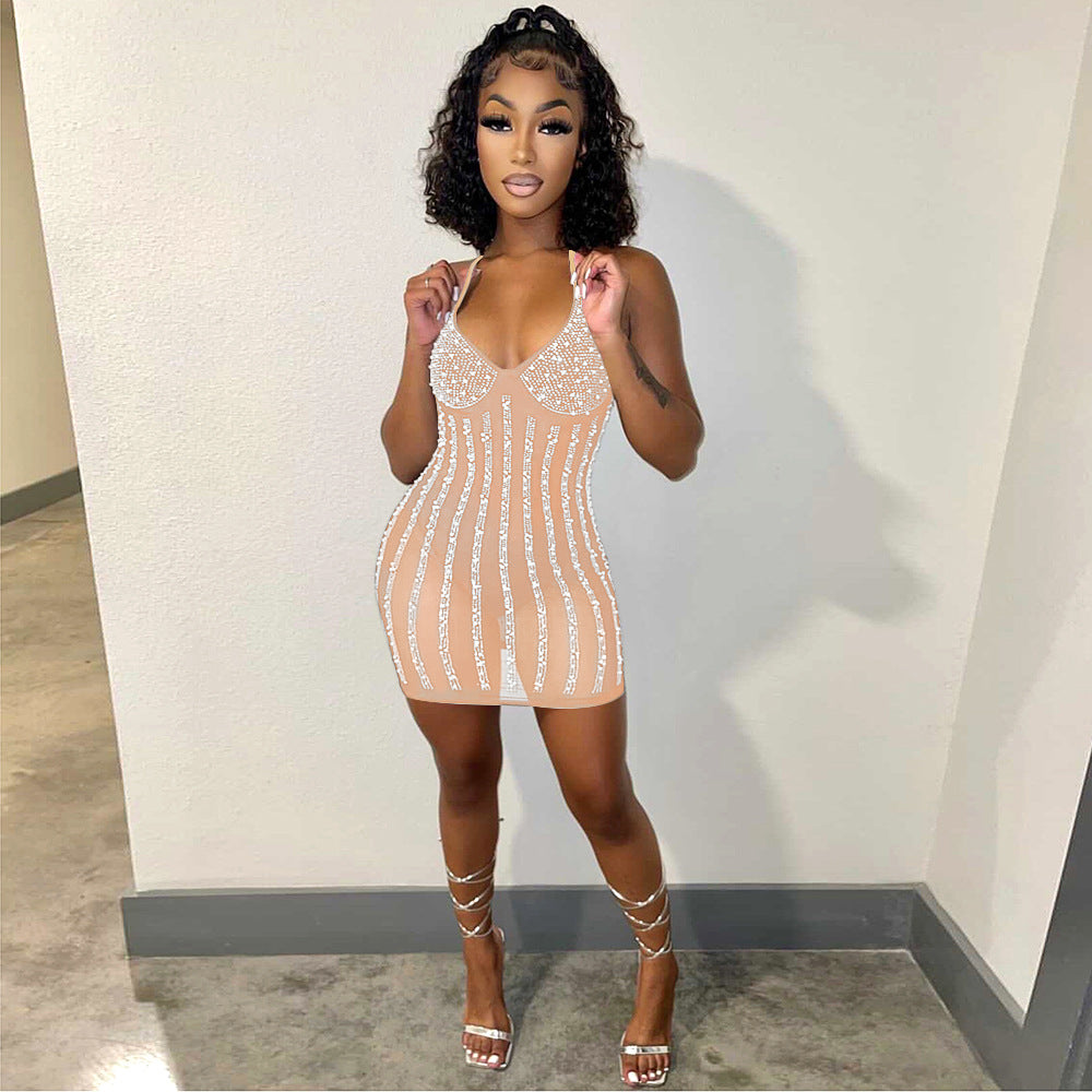 S390331 Cross-border  eBay Women's Elegant Sexy Halter Suspender Tube Top Bead Dress Women