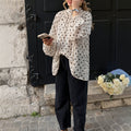 French retro polka dot chiffon blouse - semi-high neck, loose fit, oversized lantern sleeves, long sleeve top - stylish and versatile