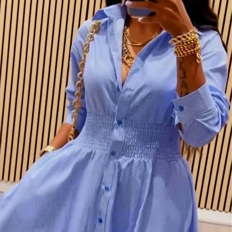European and american cross-border women's fashion:  autumn new arrival - elegant lapel blue striped long-sleeve midi shirt dress