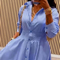 European and american cross-border women's fashion:  autumn new arrival - elegant lapel blue striped long-sleeve midi shirt dress