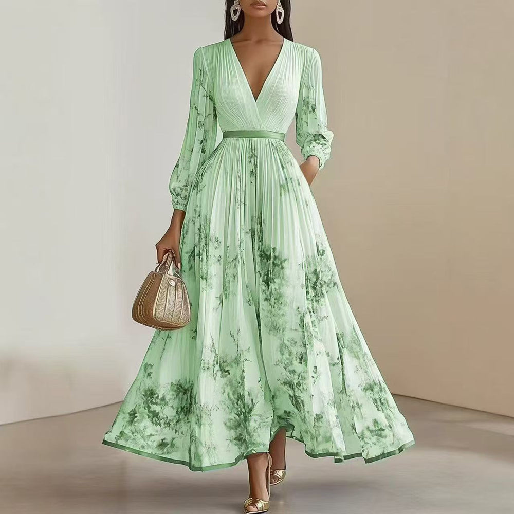 women's summer new arrivals:  cross-border fashion - elegant v-neck printed waist-cinching dress (us/eu style)