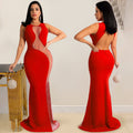 X5580   nightclub style sexy rhinestone mesh see-through sleeveless backless maxi dress for women
