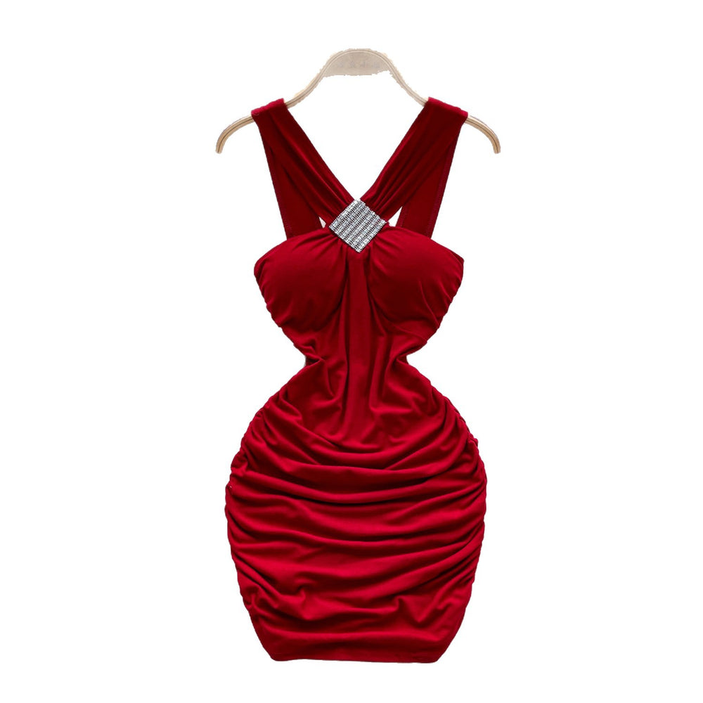 Goddess style sexy heavy industry diamond halter suspender dress heart ruched silm slimming look hip cover backless short skirt