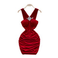 Goddess style sexy heavy industry diamond halter suspender dress heart ruched silm slimming look hip cover backless short skirt