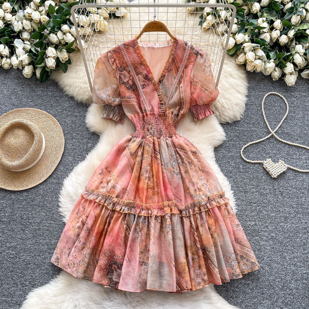 French romantic v-neck lantern sleeve ruffle print dress - women's summer slimming a-line fairy dress