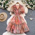 French romantic v-neck lantern sleeve ruffle print dress - women's summer slimming a-line fairy dress