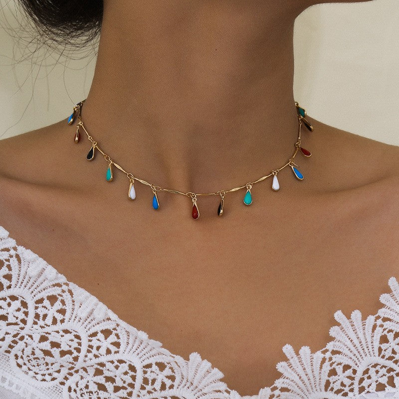 Fashion cross-border jewelry creative handmade fresh necklace female painting oil small pendant straight stick hanging mixed cut dripping oil clavicle chain