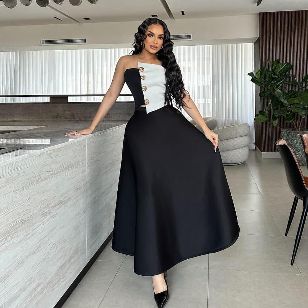 hot-selling fashion color-blocked chest-wrapped tops+high waist a-line skirt elegance light dress two-piece set women's clothing