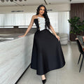 hot-selling fashion color-blocked chest-wrapped tops+high waist a-line skirt elegance light dress two-piece set women's clothing