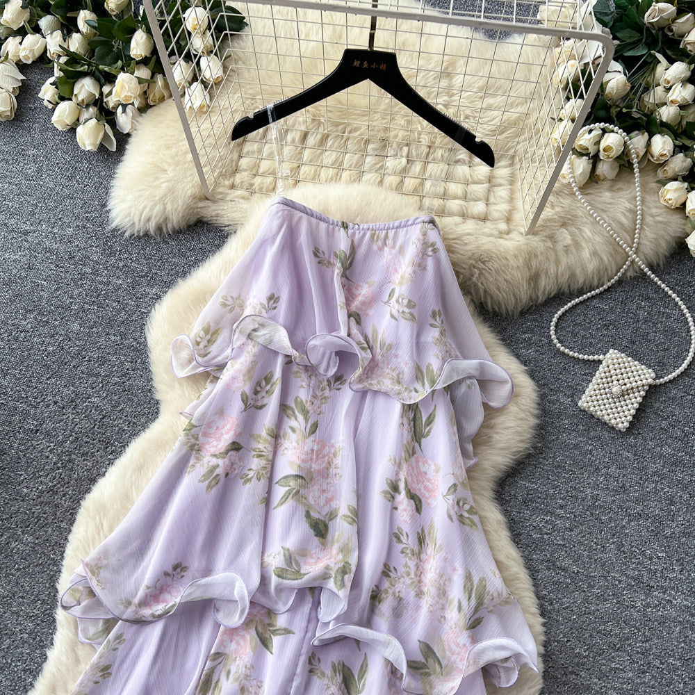 French riviera style purple floral sleeveless dress - women's summer ruffle tiered maxi dress - slimming and elegant