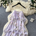 French riviera style purple floral sleeveless dress - women's summer ruffle tiered maxi dress - slimming and elegant
