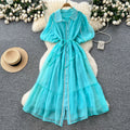 French gentle style elegant lapel lantern sleeves tie back waist single-breasted dress female super fairy slimming look long skirt