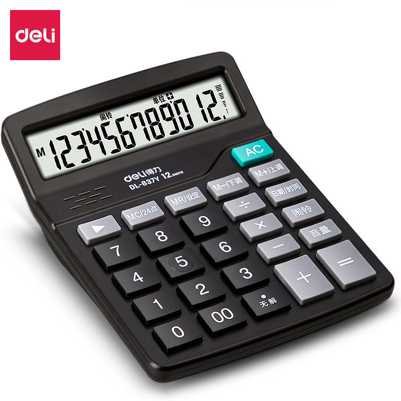 Deli 837Y voice calculator desktop 12-bit financial office large button solar computer wholesale