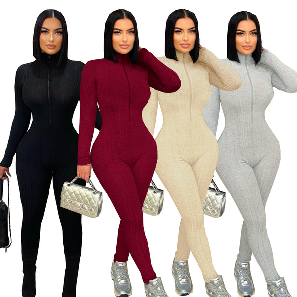 TW774 European and American autumn and winter solid color slim zipper stand-up collar sexy retro base and thin sports one-piece