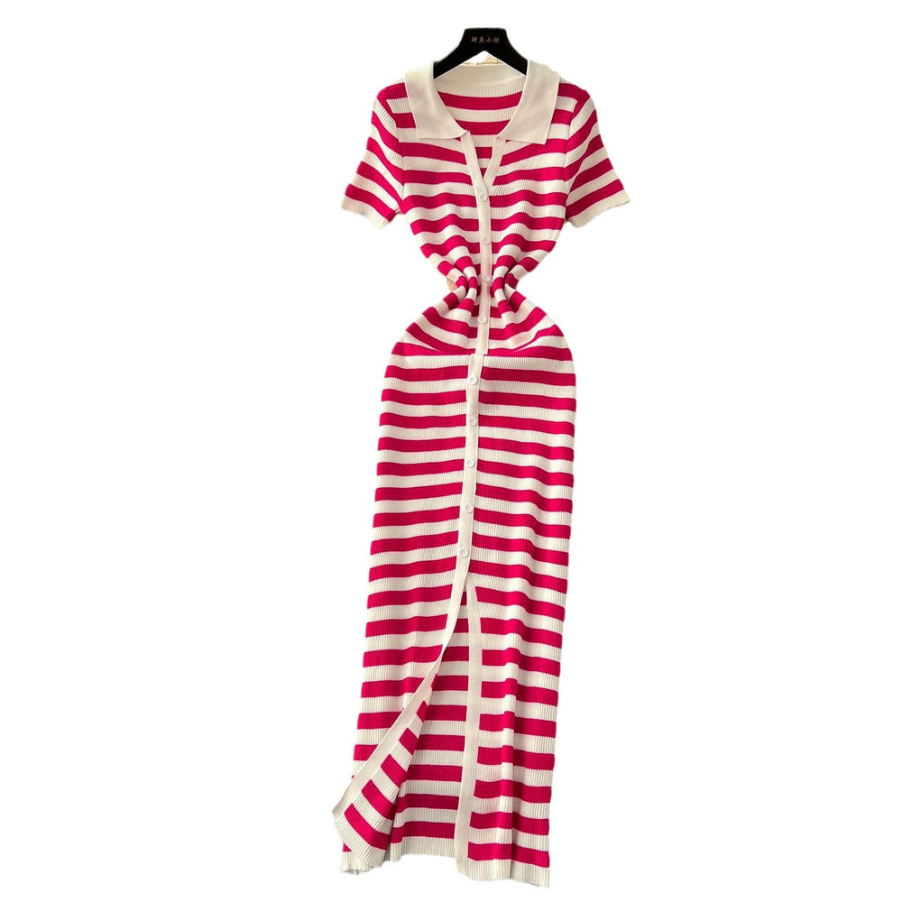 Korean chic retro socialite color block lapel single-breasted striped knit dress - slimming maxi dress