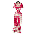 Korean chic retro socialite color block lapel single-breasted striped knit dress - slimming maxi dress