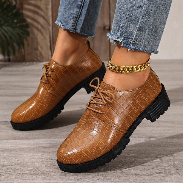 Foreign trade large size versatile single shoes thick heel thick sole lace-up small leather shoes women's British style loafers
