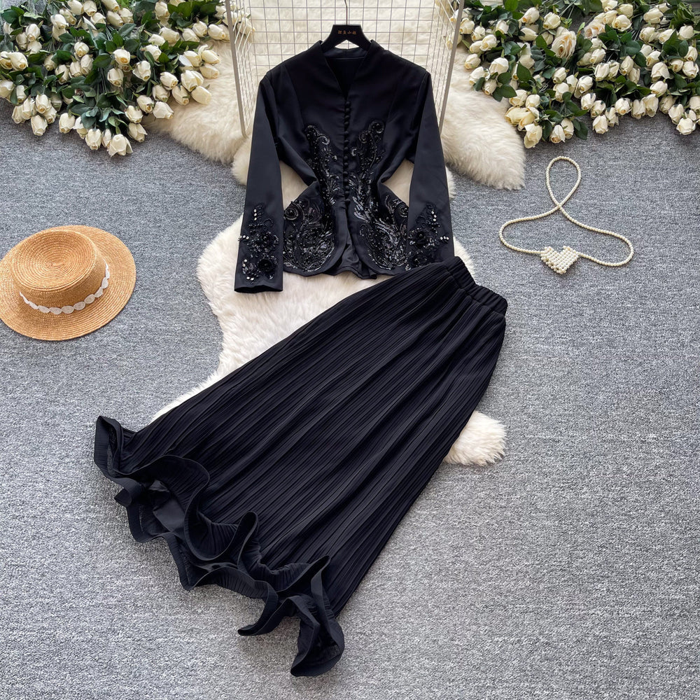French chic v-neck embroidered jacket & high-waisted pleated skirt two-piece set - elegant & luxurious for spring/autumn