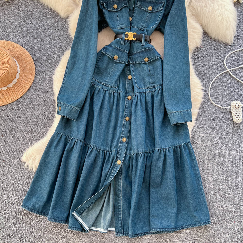 French retroelegancedress women's autumniche styleclassy light mature style strap waist metal buckle denim skirt