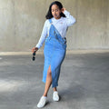 European and american style straight-leg overalls dress -  cross-border women's fashion streetwear - large pocket slit denim skirt