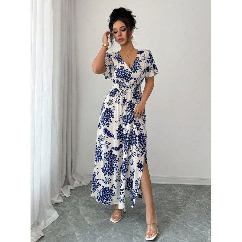 cross-border european and american floral print dress - butterfly sleeve, slit thigh maxi dress