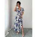 cross-border european and american floral print dress - butterfly sleeve, slit thigh maxi dress