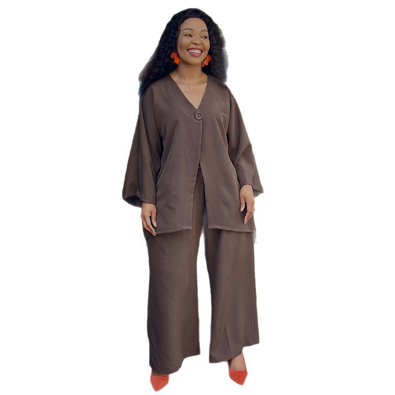 European and american women's clothing  autumn new sweet and fresh v-neck batwing sleeve blouse and high-waisted straight-leg pants two-piece set