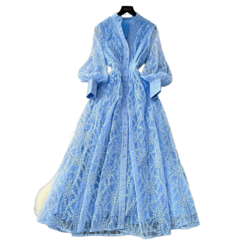 French retroelegancedress women's 2025new arrivalclassy stand collar single breasted waist embroider mesh long skirt