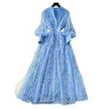 French retroelegancedress women's 2025new arrivalclassy stand collar single breasted waist embroider mesh long skirt