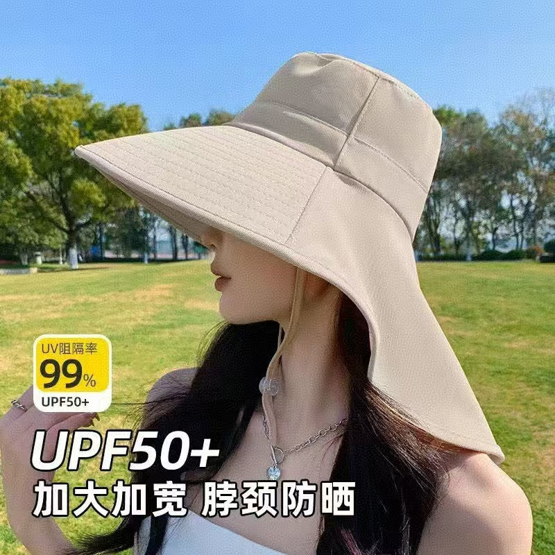 Large brim sun protection integrated tea picking hat women's summer anti-ultraviolet sunshade neck protection shawl bucket hat can tie a ponytail