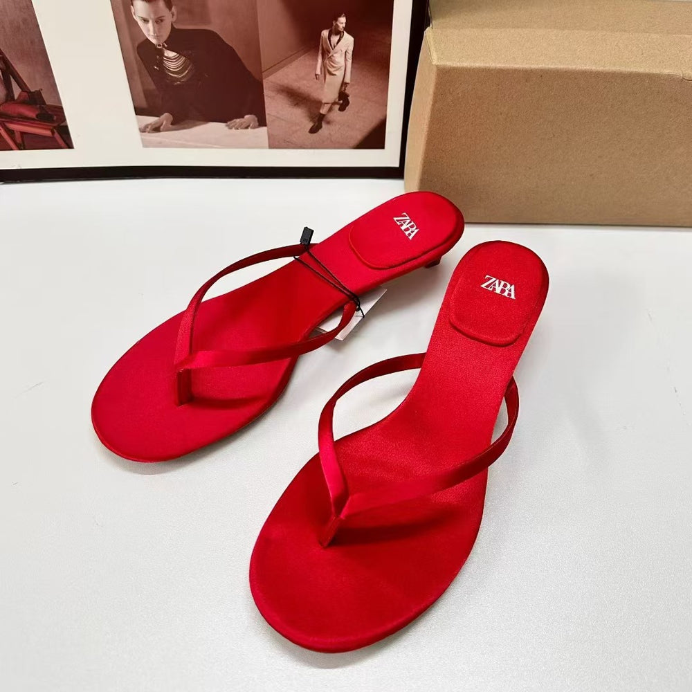 Za women's shoes new 2024 spring/summer round toe high heels red thong sandals mid-heel slingback cat heel fashion sandals