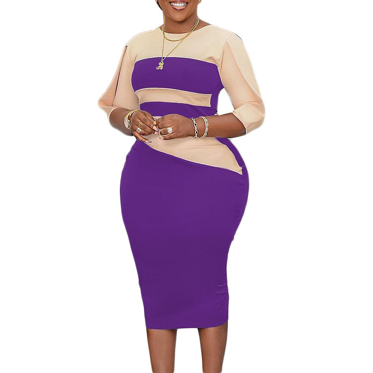 African plus size women's clothing  spring new fashion elegant ol five-sleeve color block bodycon foreign trade dress