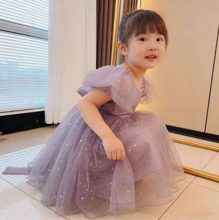 korean style princess dress for girls, summer party dress, baby girl puff sleeve mesh sequin dress for little girls